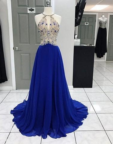 2017 Beaded Royal Blue Chiffon Long Prom Dress,p2059