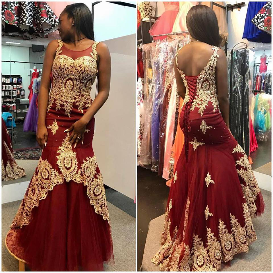 burgundy and gold dress prom