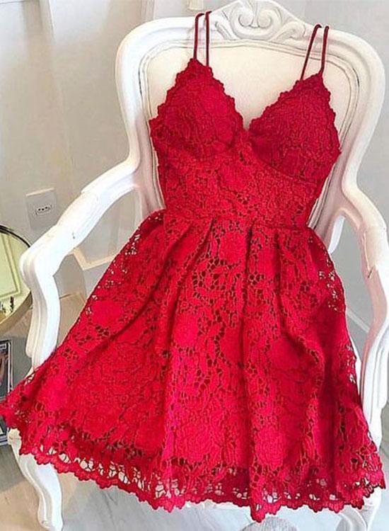Red Lace V Neck Short Prom Dress, Homecoming Dress,h2180