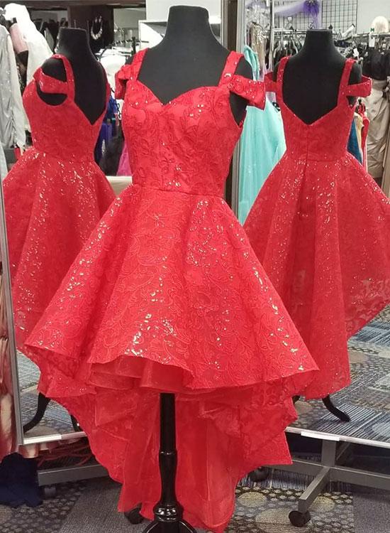 Red Sequins Lace Short Prom Dress, High Low Evening Dress,h2184