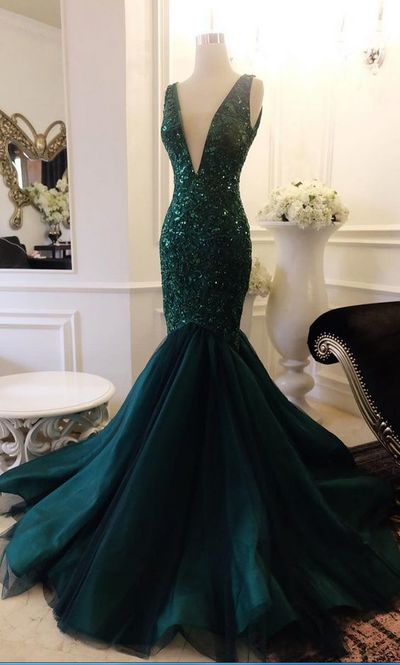 V Neck Mermaid Prom Dress With Sequin Appliques Lace Evening Dress,evening Dress,p2189