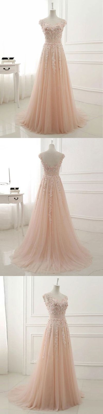 A-line Lace Appliqued Illusion Neck Long Simple Prom Dresses,p2192