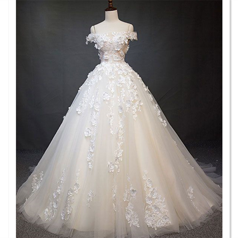 White tulle lace applique long prom dress, white lace wedding dress,W2214