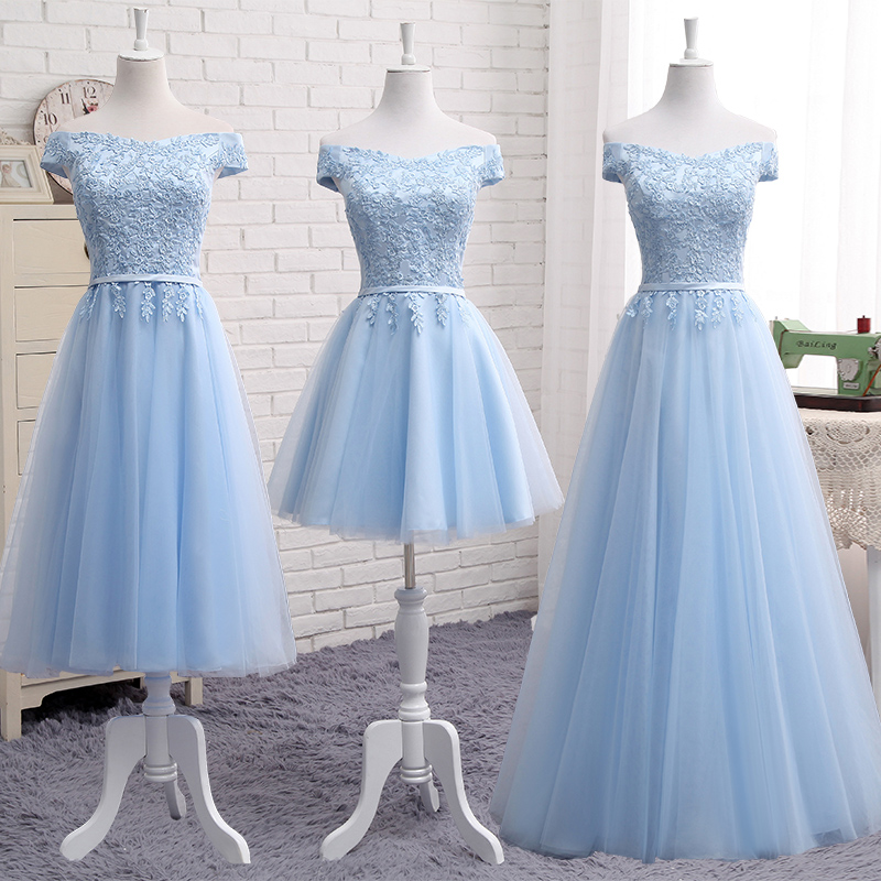 Light Blue Off The Shoulder Lace Bridesmaid Dresses