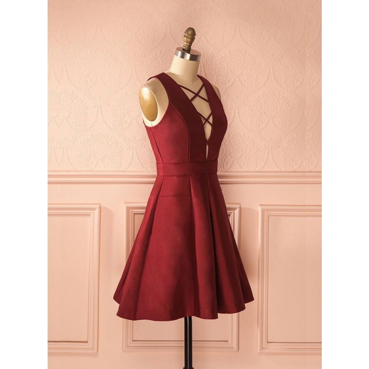 A-line V-neck Sleeveless Lace-up Short Burgundy Satin Homecoming Dress,h2218