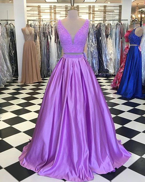 Light Purple Two Piece Prom Dresses With V Neckline 2018 Elegant Prom Gowns With Beadings,p2230