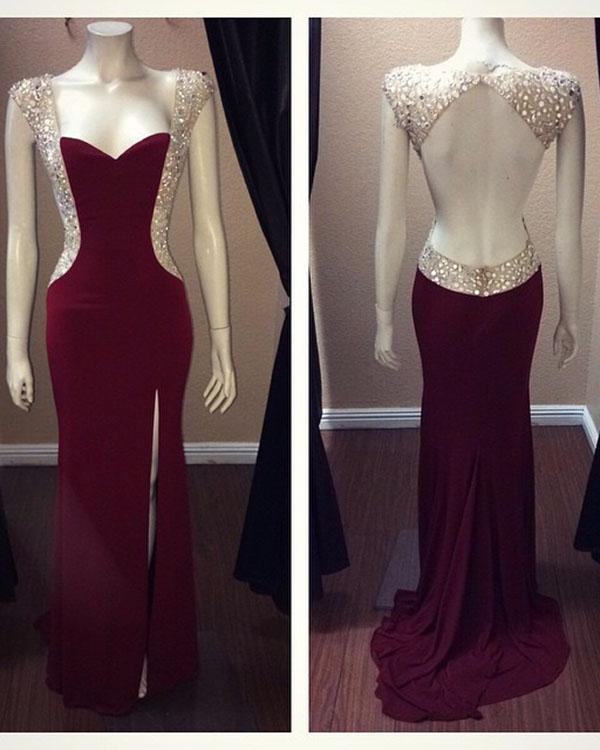 Delicate 2018 Burgundy Mermaid Prom Dresses Open Back Sexy Prom Party Gowns Beaded,p2247