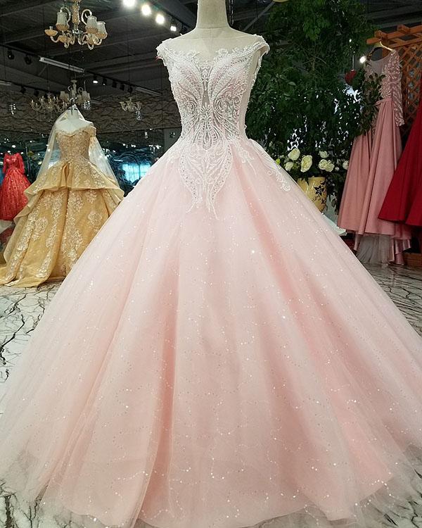 2018 Sexy Pink Prom Dresses With Beadings Sheer Neckline Prom Party Gowns With Sequins,p2251