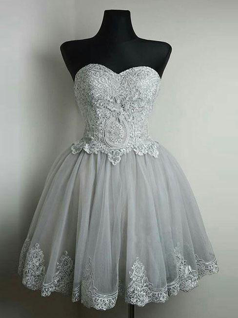 A Line Strapless Sweetheart Homecoming Dresses, Grey Lace Up Homecoming Dresses,lace Appliqued Short Prom Dresses,homecoming Dresses,h2257