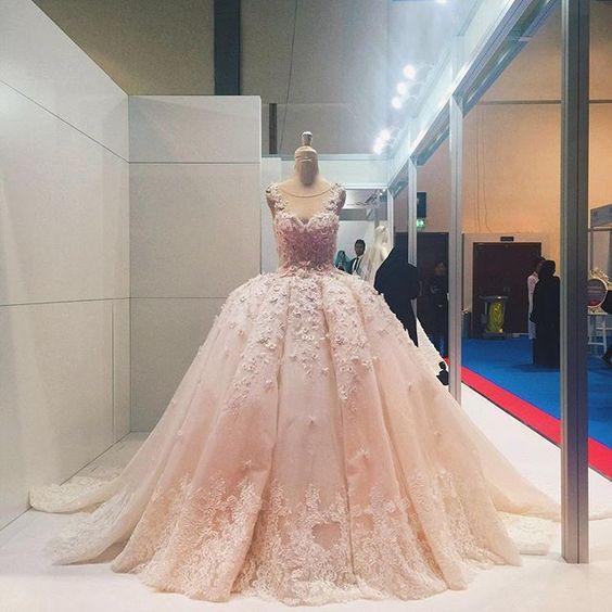 Pink Lace Applique Beads Ball Gown Quinceanera Dress Wedding Dress,w2296