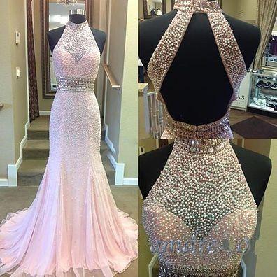 High Neck Halter Pearl Beaded Evening Dress,formal Dress,lace Evening Dresses,wedding Guest Prom Gowns,p2367