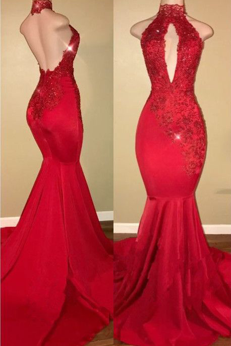 Sexy Prom Dresses,Halter Prom Gown,Mermaid Prom Dress,2018 Prom Dress,Lace Appliques Prom Dresses,Red Prom Dress,P2394