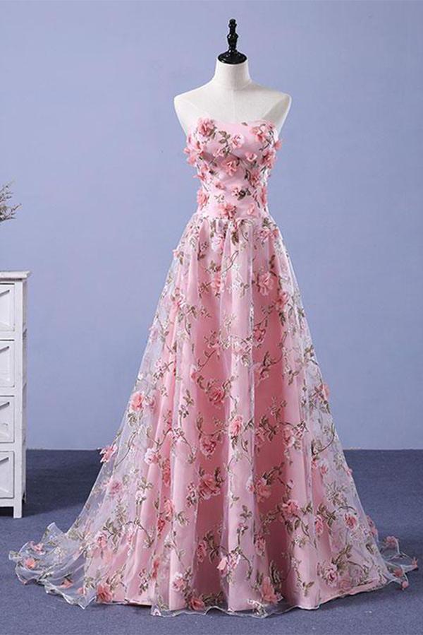 Pink A-line Sweetheart Strapless Sweep Train Floral Print Long Lace Prom Dresses With Flowers ,p2416