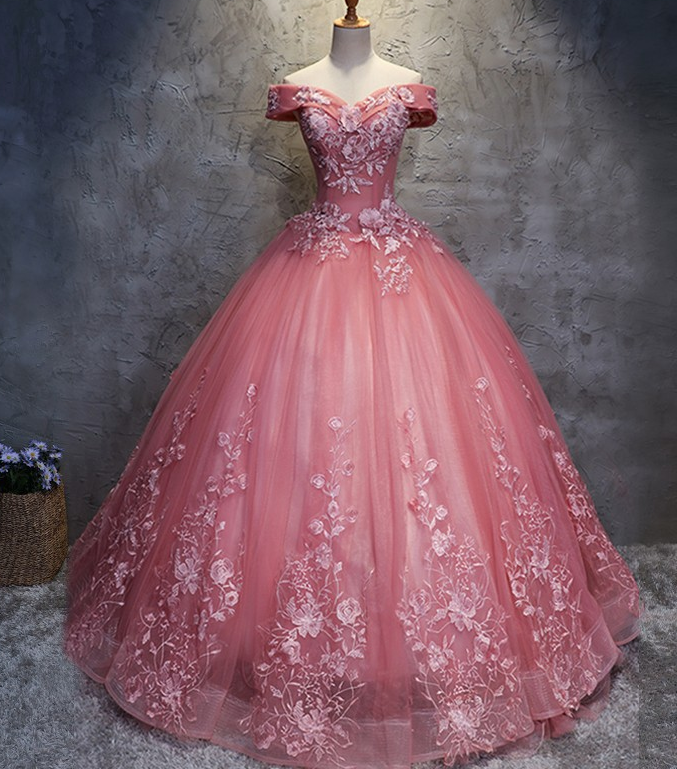 Ball Gown Off-the-shoulder Floor-length Pink Wedding Dress With Appliques,w2450