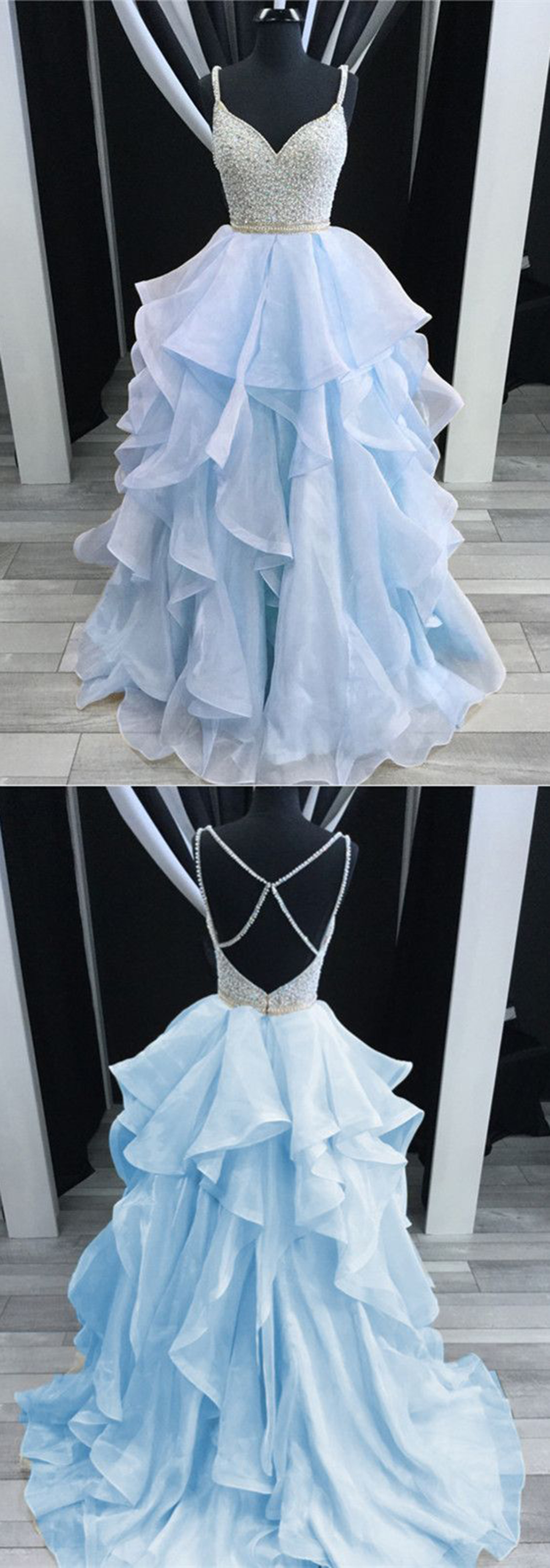Charming Light Blue Layered Long Prom Dress,luxury Bead Party Dress,spaghetti Straps Cross Back Prom Homecoming Dress,h2467