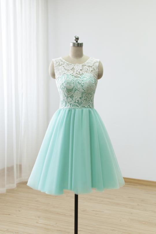 Mint Green Scoop Neck A Line Prom Dresses Sleeveless Short Bridesmaid Dresses,h2475