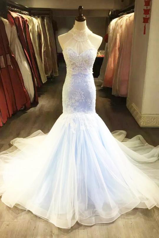 Gorgeous Mermaid Sleeveless Halter Lace Two Piece Prom Dresses main image 1