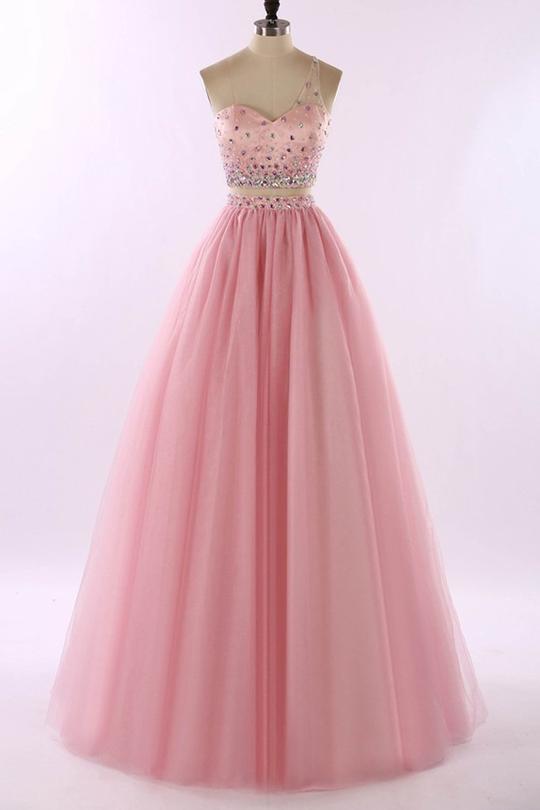 Two Pieces One Shoulder Crystals Prom Dresses,a Line Evening Dresses,p2482