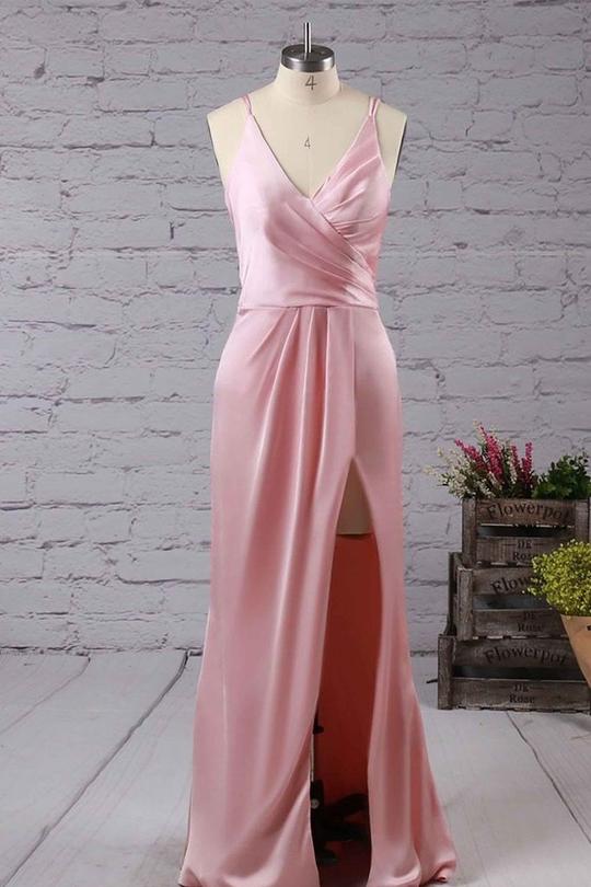Pink V Neck Sleeveless Side Slit Prom Dresses,long Evening Dresses,p2485