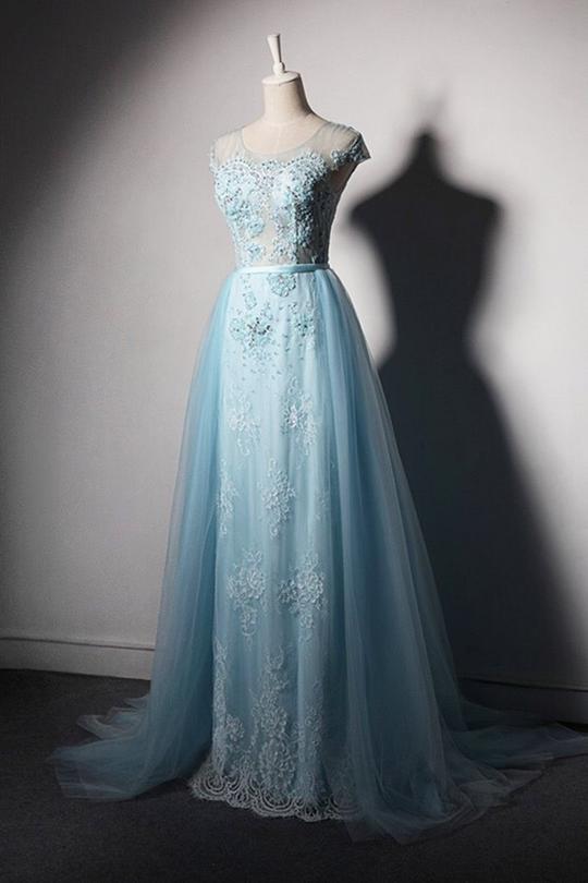 Cap Sleeves Lace Appliques A Line Prom Dresses With Removable Skirt,p2489 on Luulla