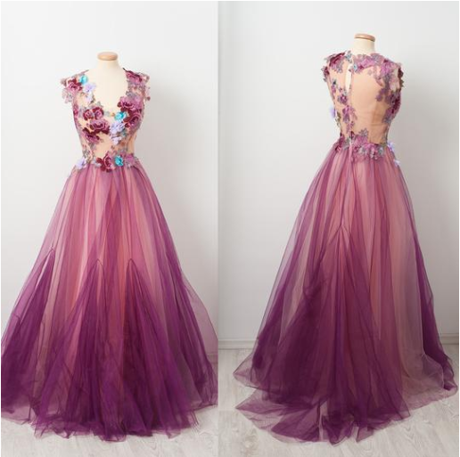 Charming Applique A-line Prom Dress, Honeast Tulle Prom Dress,p2558