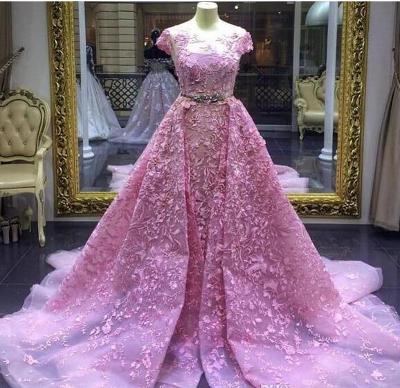 Detachable Train Prom Dress 2019 Luxury Pink Mermaid Lace Appliqued Formal Evening Gowns Short Sleeve Jewel Neckline Party Dress,p2575