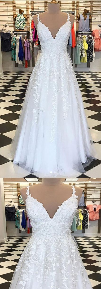 A-line Spaghetti Straps Floor Length White Tulle Wedding Dress With Appliques,w2611