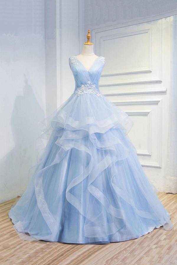 Sweetheart Baby Blue Organza V Neck Wedding Gowns,ruffles Appliques Wedding Dress,w2651