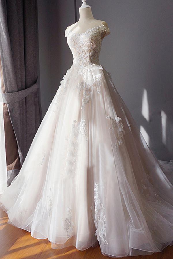 Ball Gown Off Shoulder Sweetheart Appliques Beading Tulle Wedding Dresses,w2654
