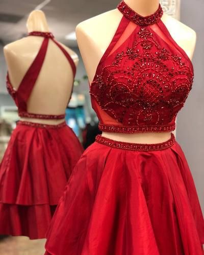 Two Piece Short Red Homecoming Dress With Backless,h2687