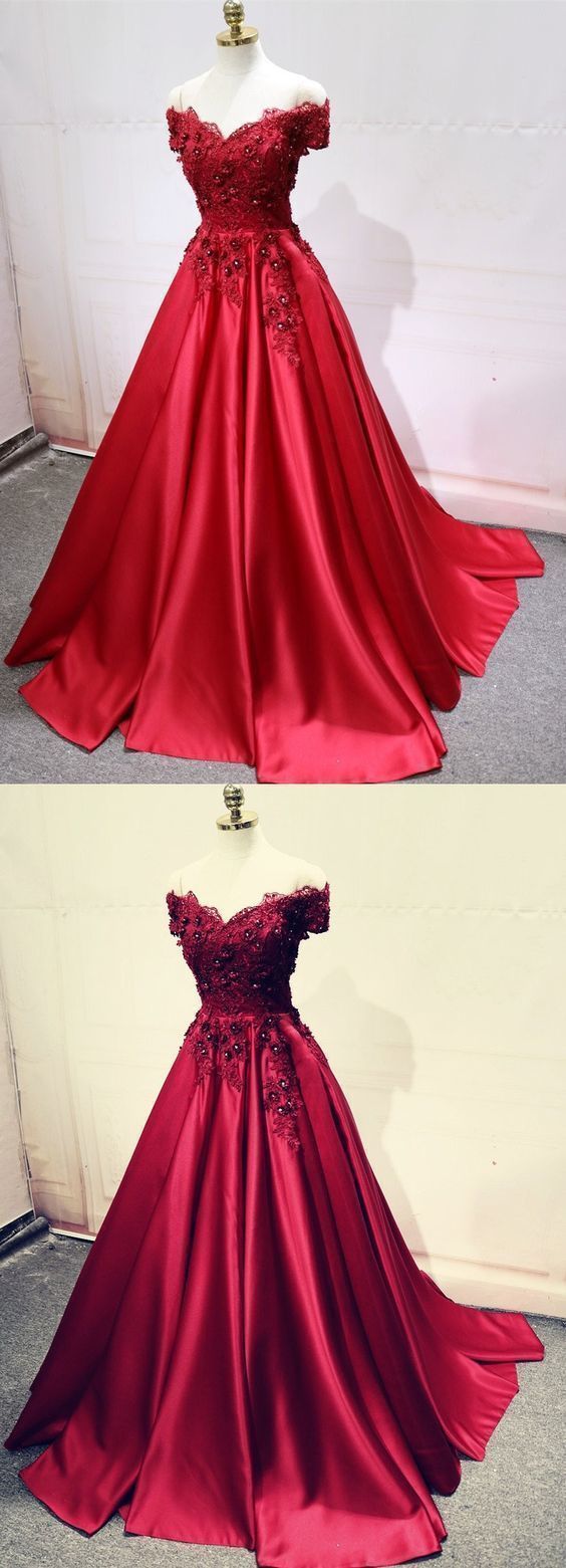 A-line Off-the-shoulder Pleated Burgundy Satin Prom Dress With Appliques,p2690