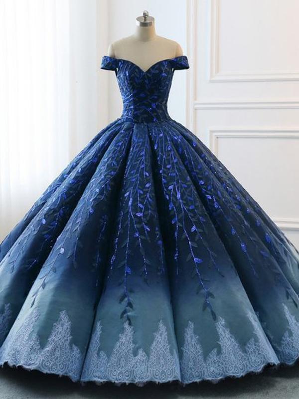 Navy Lace Applique Off Shoulder Ball Gown Princess Prom Dresses ,P2709