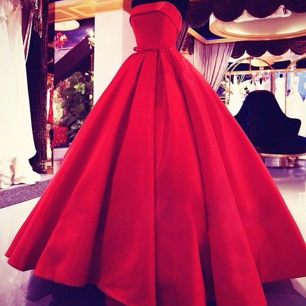 red strapless evening gown