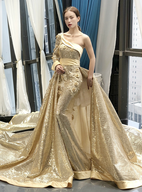 Gold Ball Gown Sequins One Shoulder Long Sleeve Appliques Prom Dress,p2799