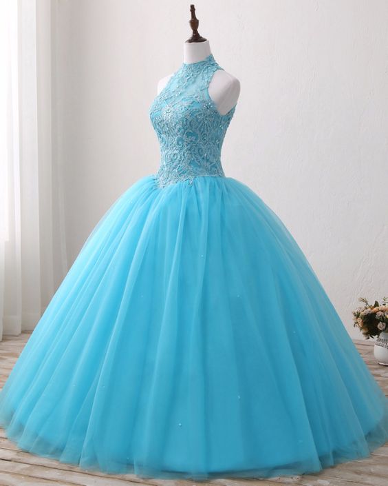 Blue Lace O Neck Strapless Long Tulle Quinceanera Dress, Formal Prom Gown ,p2838