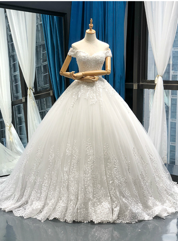 White Ball Gown Tulle Appliques Off The Shoulder Wedding Dress With Train,w2870