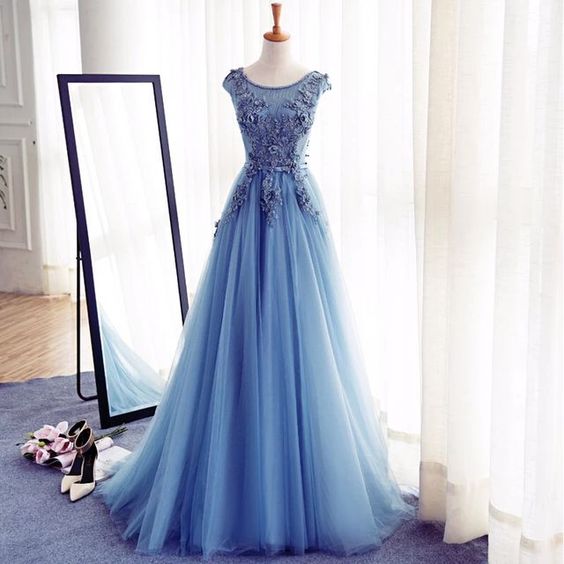 Blue Prom Dresses, Long Prom Dresses, Cap Sleeve Prom Dresses, Tulle Prom Dresses, Stunning Prom Dress, Prom Dress With Applique, Evening