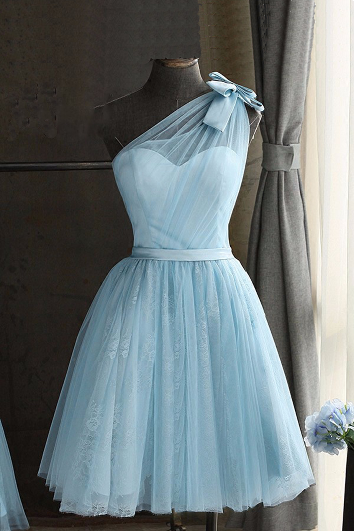 Baby Blue Tulle One Shoulder Short Prom Dress, Bowknot Party Dress,h2973