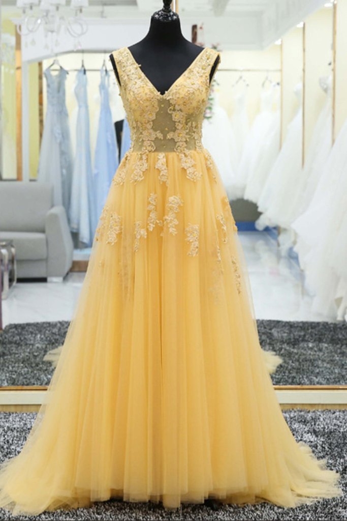 Yellow Tulle Tulle Lace Applique V-neck Long Prom Dress, Evening Dresses,p3021