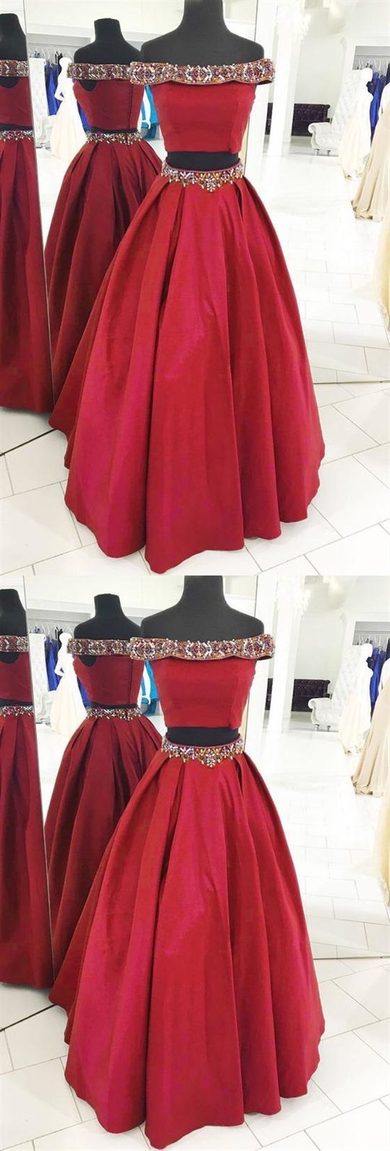 Burgundy Two Pieces Off Shoulder Beaded Evening Dresses Affordable Prom Dresses,p3053