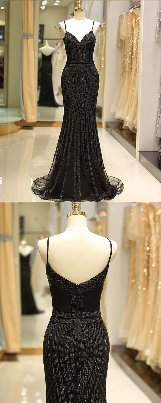 Spaghetti Straps Black Beading Mermaid Style Evening Dress ,p3072