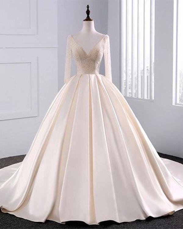 2018 Fashion Simple Beige Wedding Dresses Full Sleeve Modest Lace Satin Bridal Gowns For Wedding,w3118