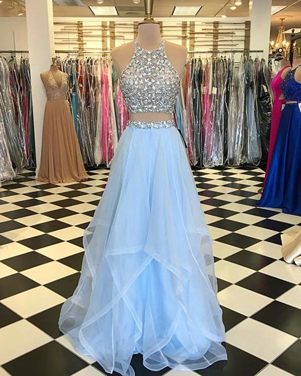Light Blue Prom Dresses With Pearls Beaded Rhinestones Tulle Ruffles Two Piece Prom Dress ,p3127
