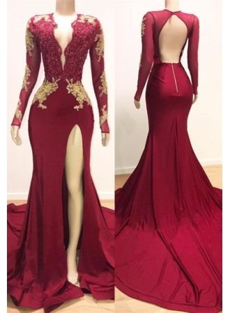 Gorgeous Long Sleeve Mermaid Prom Dresses | 2019 Lace Appliques Evening Gown With Slit ,p3129