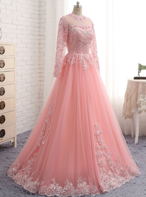 A-line Pink Tulle Lace Appliques Long Sleeve Prom Dress,p3163