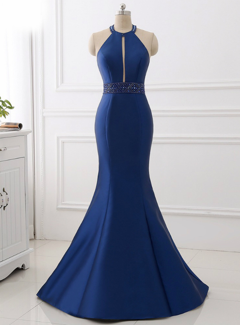 Blue Satin Mermaid Halter Cut Out Backless Long Prom Dress,p3165