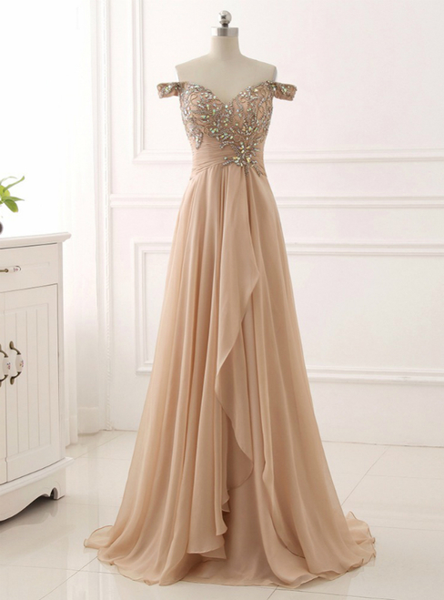 Champagne Chiffon Off The Shoulder Pleats Prom Dress With Crystal,p3166