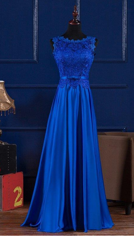 Scoop Neck Lace Satin Evening Dress, Blue Prom Dress, Floor Length Prom  Dress, Long Royal Blue Prom on Luulla