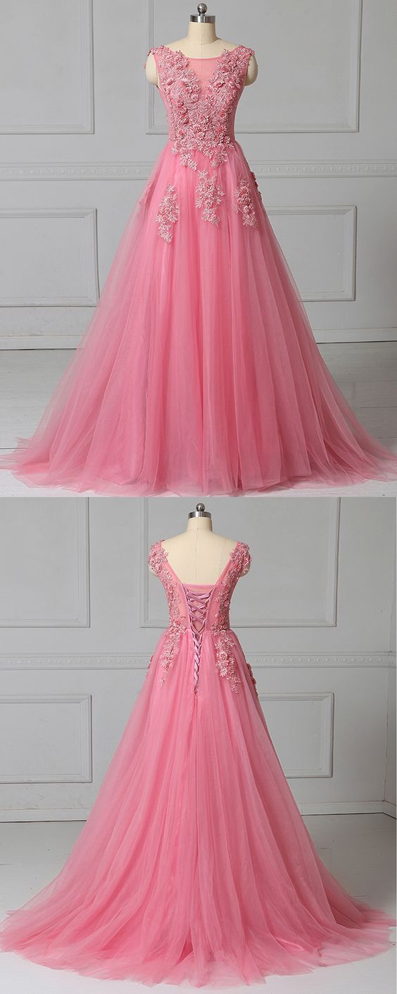 Unique Pink Tulle Scoop Neck 3d Lace Applique Evening Dress, Prom Dress,p3202