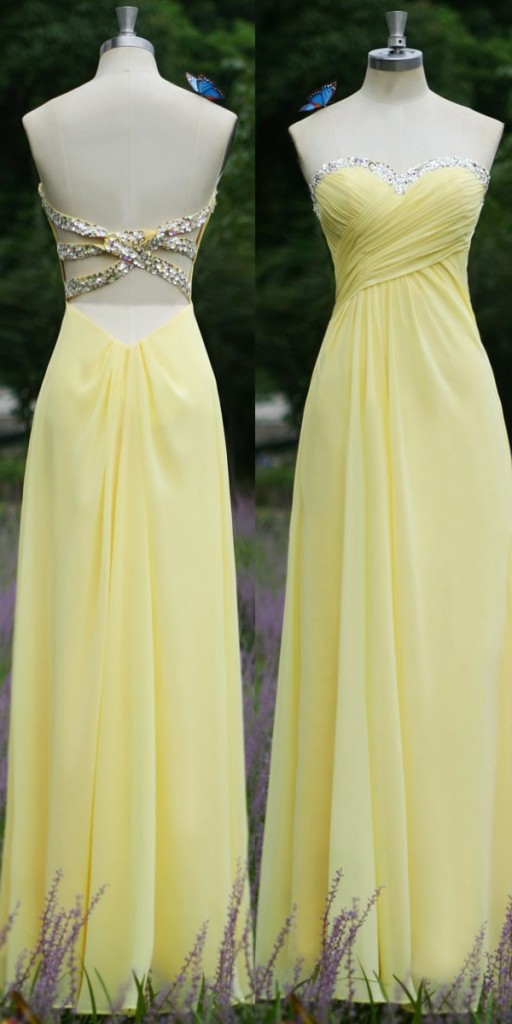 Sweetheart Sequined Ruched Beading Backless Chiffon Yellow Prom Dresses,p3208